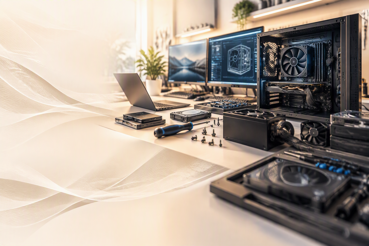 Ein professioneller Computertisch mit offenem PC-Gehäuse, zwei Monitoren, einem Laptop und verschiedenen technischen Komponenten.